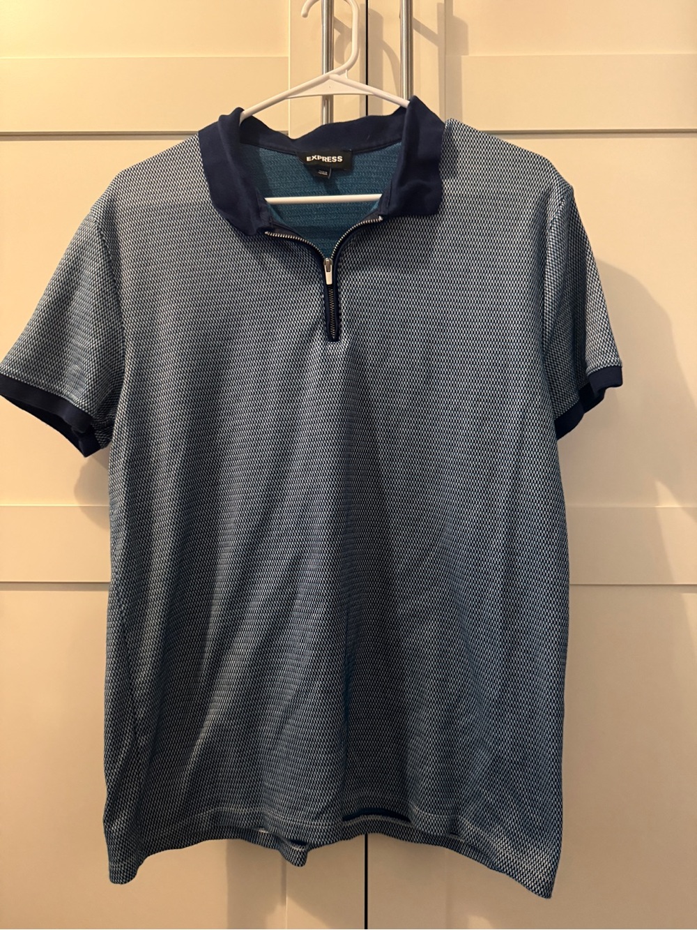 Express Men's Light Blue Short-Sleeve Zip Polo with Navy Trim